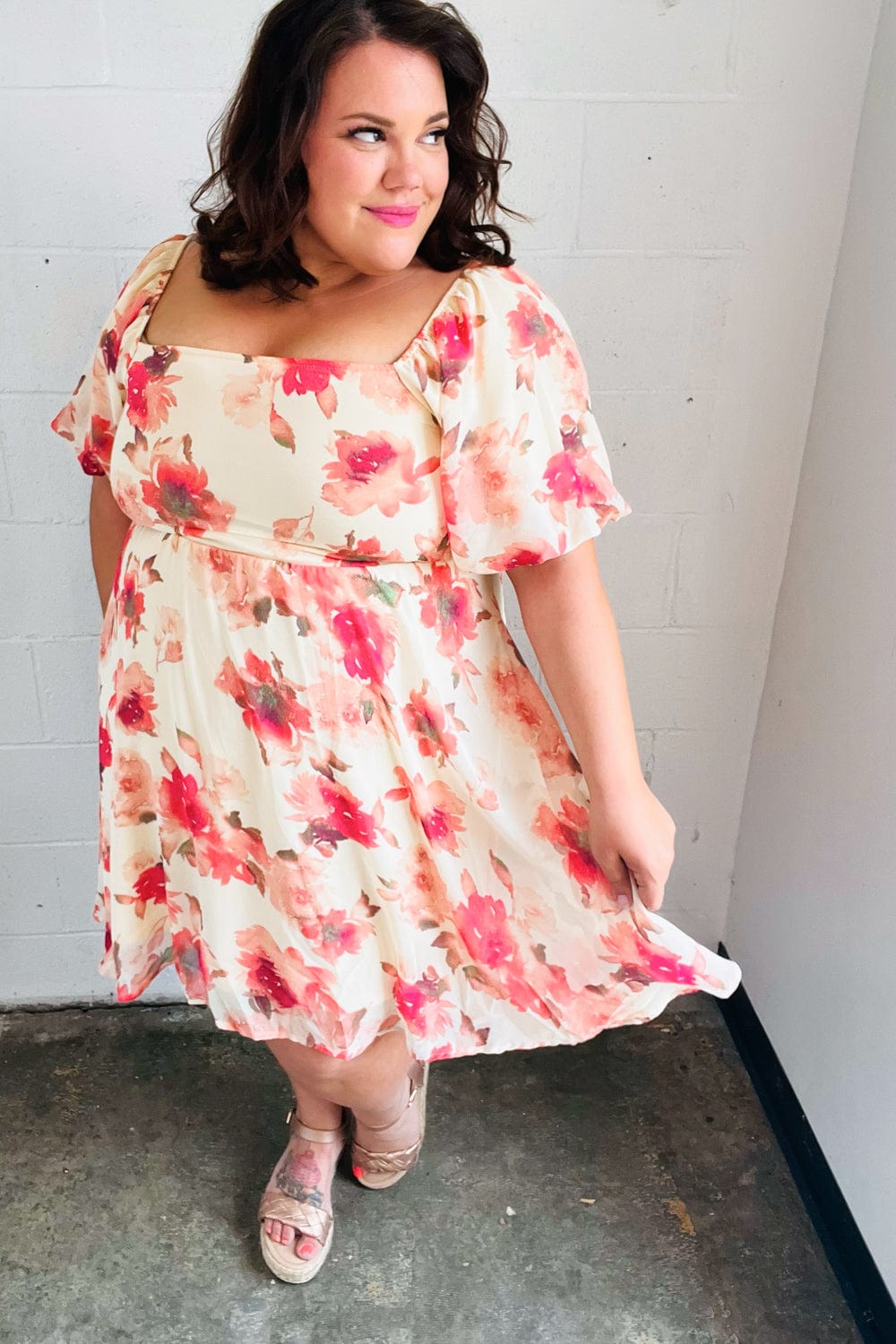 Peach Floral Chiffon Puff Sleeve Dress - Coeur de la Mode