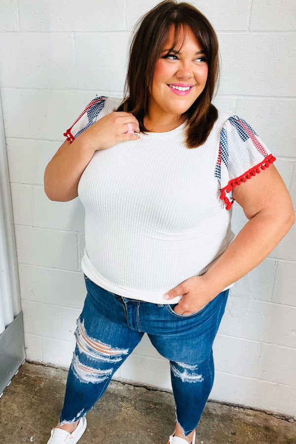 Patriotic Pom Pom Lace Flutter Sleeve Top - Coeur de la Mode