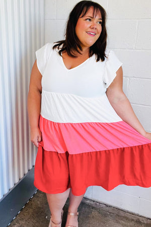 Peach & Cherry Red Tiered Frill Sleeve Midi Dress - Coeur de la Mode