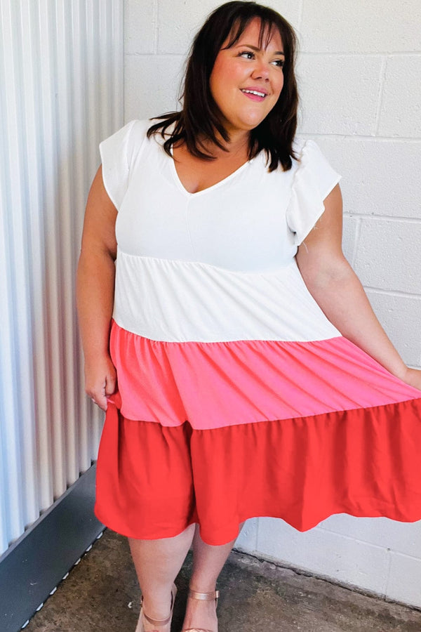 Peach & Cherry Red Tiered Frill Sleeve Midi Dress - Coeur de la Mode