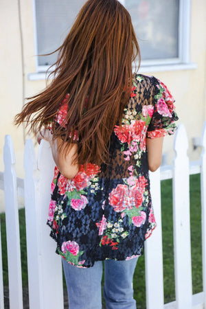 Diva Dreams Black Multicolor Floral Crochet Flutter Sleeve Top - Coeur de la Mode