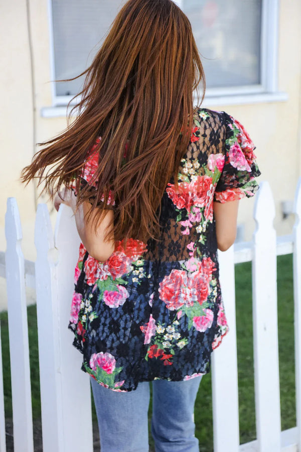 Diva Dreams Black Multicolor Floral Crochet Flutter Sleeve Top - Coeur de la Mode