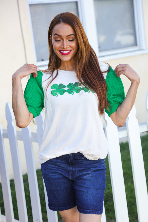 Lucky Sequin Clover Oatmeal Cable Knit Puff Sleeve Top - Coeur de la Mode