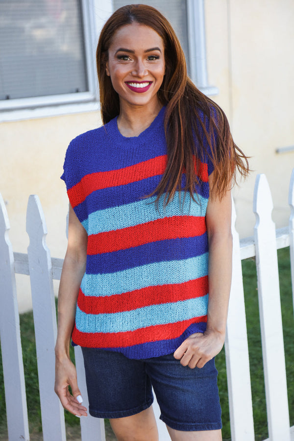 Forget Me Not Royal Blue Stripe Short Sleeve Dolman Sweater - Coeur de la Mode