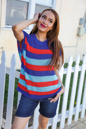 Forget Me Not Royal Blue Stripe Short Sleeve Dolman Sweater - Coeur de la Mode
