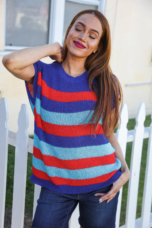Forget Me Not Royal Blue Stripe Short Sleeve Dolman Sweater - Coeur de la Mode