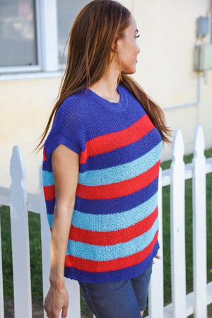 Forget Me Not Royal Blue Stripe Short Sleeve Dolman Sweater - Coeur de la Mode
