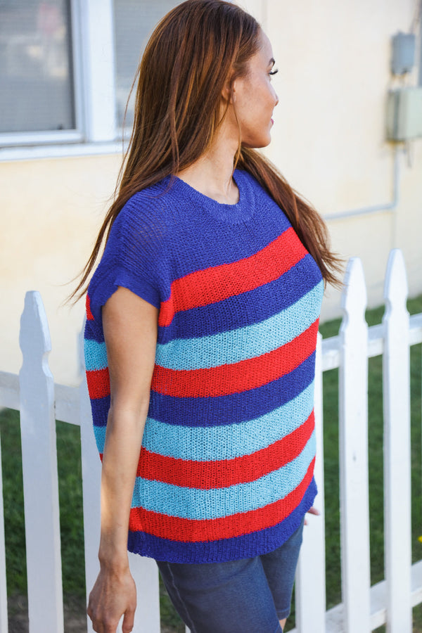 Forget Me Not Royal Blue Stripe Short Sleeve Dolman Sweater - Coeur de la Mode