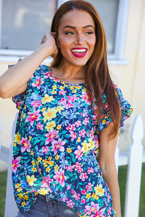 Be Your Best Blue/Multicolor Floral Print Flutter Sleeve Blouse - Coeur de la Mode