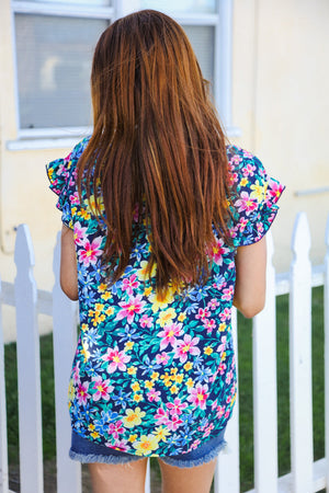 Be Your Best Blue/Multicolor Floral Print Flutter Sleeve Blouse - Coeur de la Mode