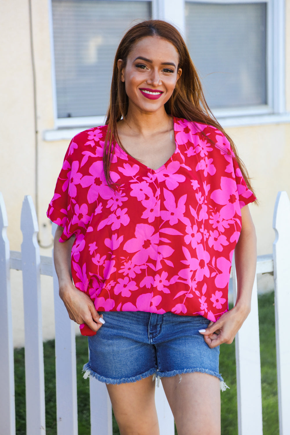 Tropical Trance Magenta Floral V Neck Woven Top - Coeur de la Mode