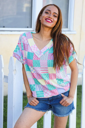 Easy Living Mint Patchwork Print Textured Knit V Neck Top - Coeur de la Mode