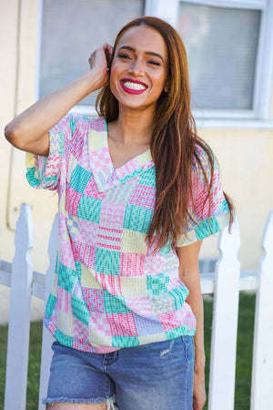 Easy Living Mint Patchwork Print Textured Knit V Neck Top - Coeur de la Mode