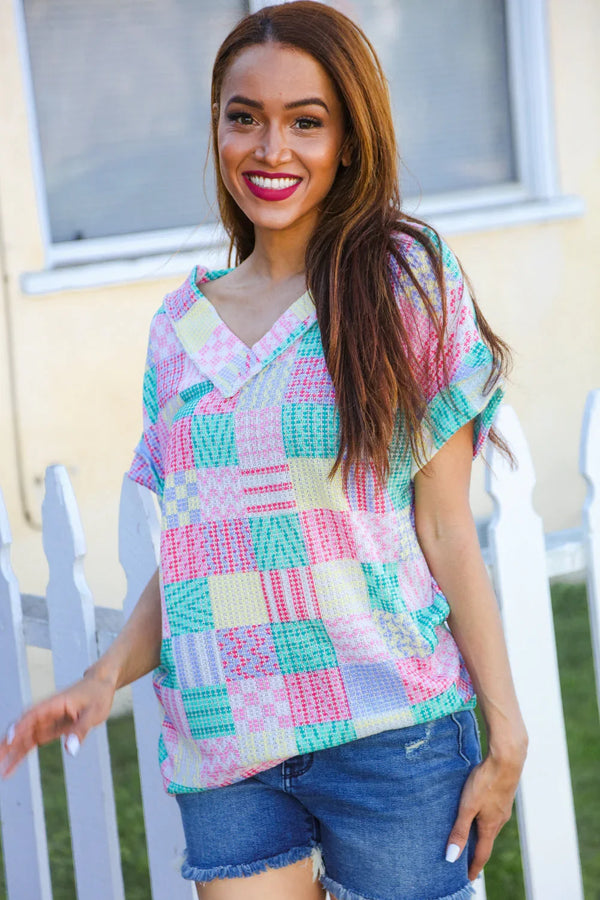 Easy Living Mint Patchwork Print Textured Knit V Neck Top - Coeur de la Mode