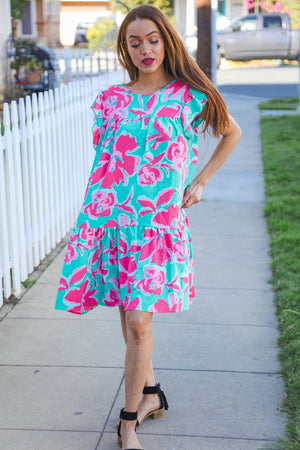 Diva Dreaming Aqua Floral Print Tiered Ruffle Sleeve Dress - Coeur de la Mode