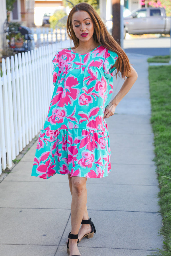 Diva Dreaming Aqua Floral Print Tiered Ruffle Sleeve Dress - Coeur de la Mode