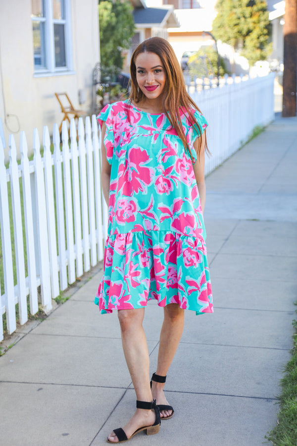 Diva Dreaming Aqua Floral Print Tiered Ruffle Sleeve Dress - Coeur de la Mode