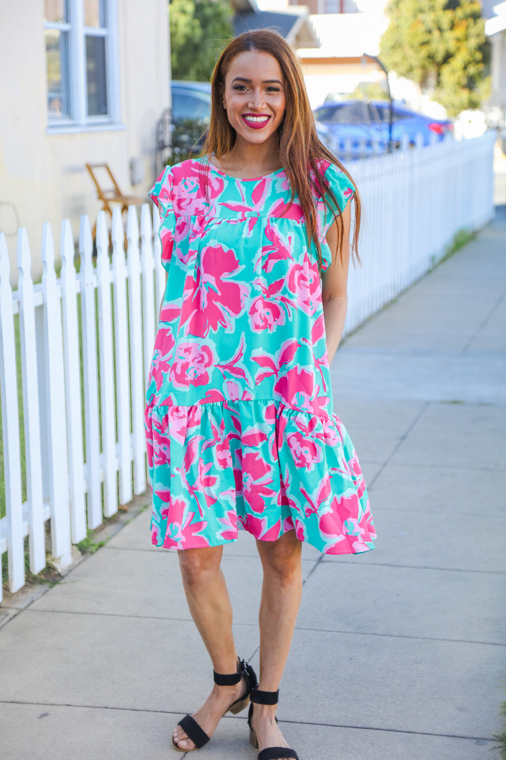 Diva Dreaming Aqua Floral Print Tiered Ruffle Sleeve Dress - Coeur de la Mode