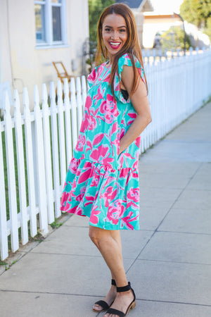 Diva Dreaming Aqua Floral Print Tiered Ruffle Sleeve Dress - Coeur de la Mode
