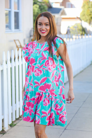 Diva Dreaming Aqua Floral Print Tiered Ruffle Sleeve Dress - Coeur de la Mode