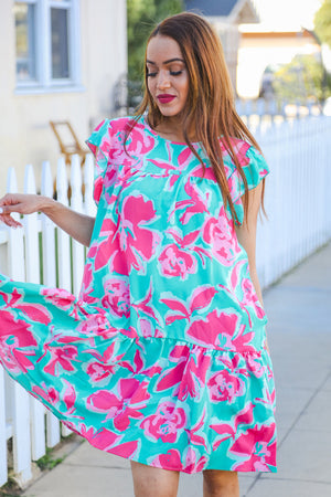 Diva Dreaming Aqua Floral Print Tiered Ruffle Sleeve Dress - Coeur de la Mode