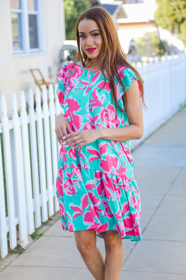 Diva Dreaming Aqua Floral Print Tiered Ruffle Sleeve Dress - Coeur de la Mode