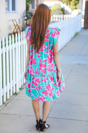 Diva Dreaming Aqua Floral Print Tiered Ruffle Sleeve Dress - Coeur de la Mode