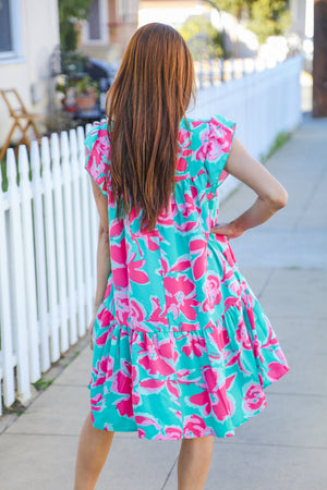 Diva Dreaming Aqua Floral Print Tiered Ruffle Sleeve Dress - Coeur de la Mode