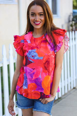 Look of Love Red & Fuchsia Floral Smocked Ruffle Frill Sleeve Top - Coeur de la Mode