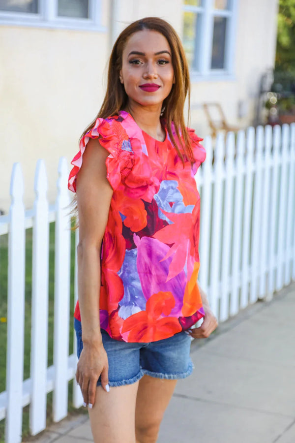 Look of Love Red & Fuchsia Floral Smocked Ruffle Frill Sleeve Top - Coeur de la Mode