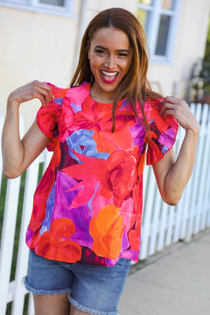 Look of Love Red & Fuchsia Floral Smocked Ruffle Frill Sleeve Top - Coeur de la Mode