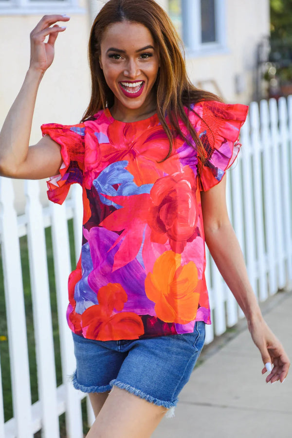 Look of Love Red & Fuchsia Floral Smocked Ruffle Frill Sleeve Top - Coeur de la Mode