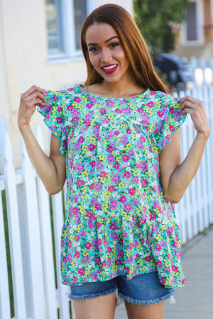 All For You Mint Floral Yoke Flutter Sleeve Keyhole Back Top - Coeur de la Mode