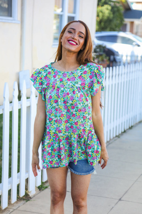 All For You Mint Floral Yoke Flutter Sleeve Keyhole Back Top - Coeur de la Mode