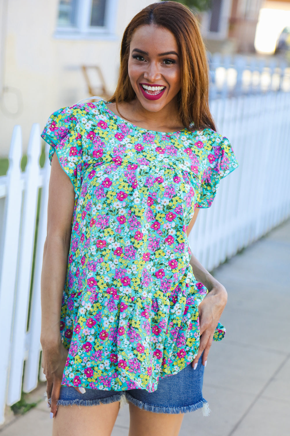 All For You Mint Floral Yoke Flutter Sleeve Keyhole Back Top - Coeur de la Mode