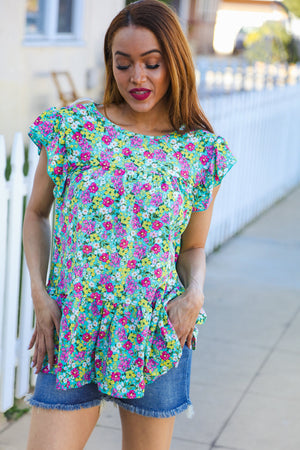 All For You Mint Floral Yoke Flutter Sleeve Keyhole Back Top - Coeur de la Mode