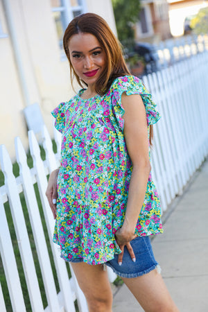 All For You Mint Floral Yoke Flutter Sleeve Keyhole Back Top - Coeur de la Mode