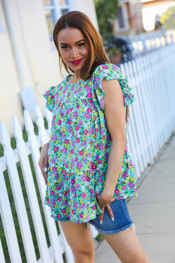 All For You Mint Floral Yoke Flutter Sleeve Keyhole Back Top - Coeur de la Mode