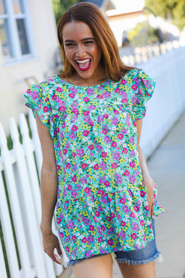 All For You Mint Floral Yoke Flutter Sleeve Keyhole Back Top - Coeur de la Mode