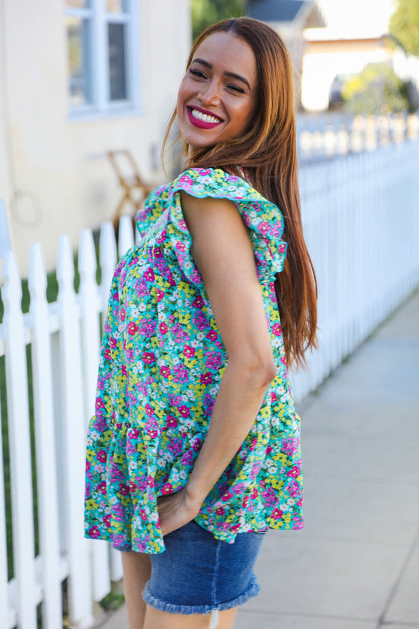 All For You Mint Floral Yoke Flutter Sleeve Keyhole Back Top - Coeur de la Mode