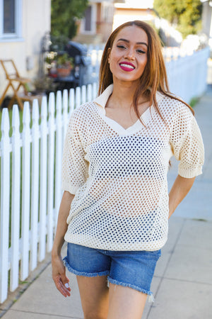 Can't Look Away Oatmeal Crochet V Neck Collared Top - Coeur de la Mode