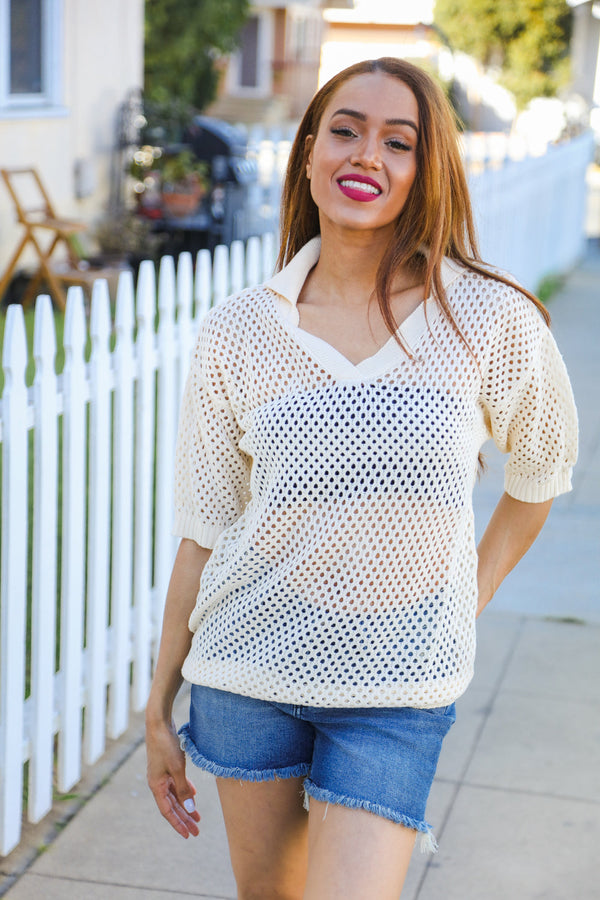 Can't Look Away Oatmeal Crochet V Neck Collared Top - Coeur de la Mode