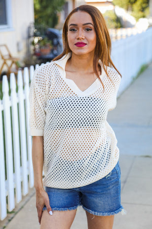 Can't Look Away Oatmeal Crochet V Neck Collared Top - Coeur de la Mode
