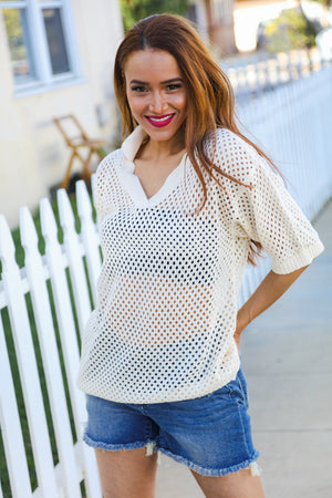Can't Look Away Oatmeal Crochet V Neck Collared Top - Coeur de la Mode