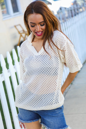 Can't Look Away Oatmeal Crochet V Neck Collared Top - Coeur de la Mode