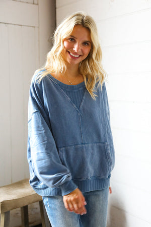 Washed and Worn Denim Ribbed Front Pocket Pullover