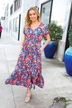 Find Love Blue Floral Raglan Puff Sleeves V Neck Smocked Waist Maxi - Coeur de la Mode
