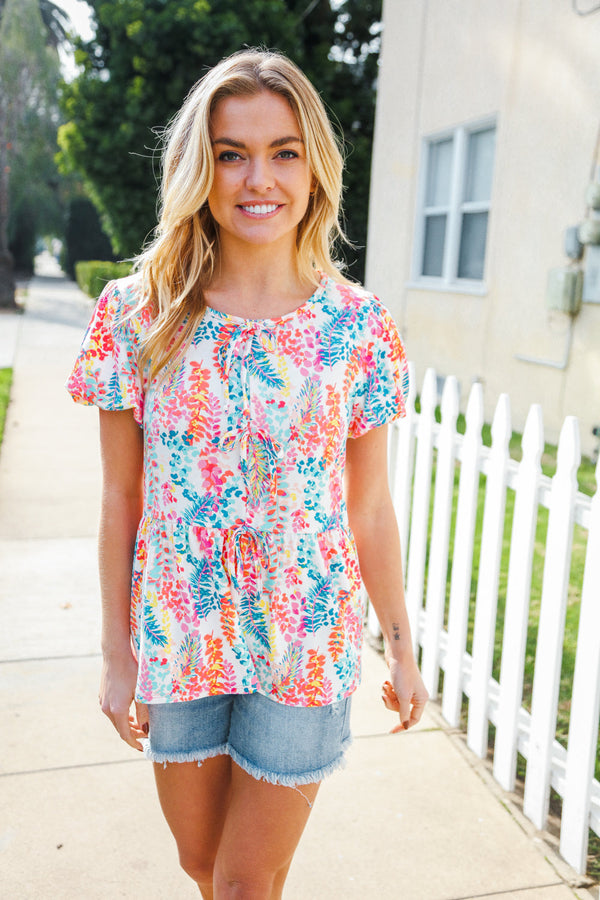 Perfect Find Ivory Floral Leaf Print Short Sleeve Babydoll Top