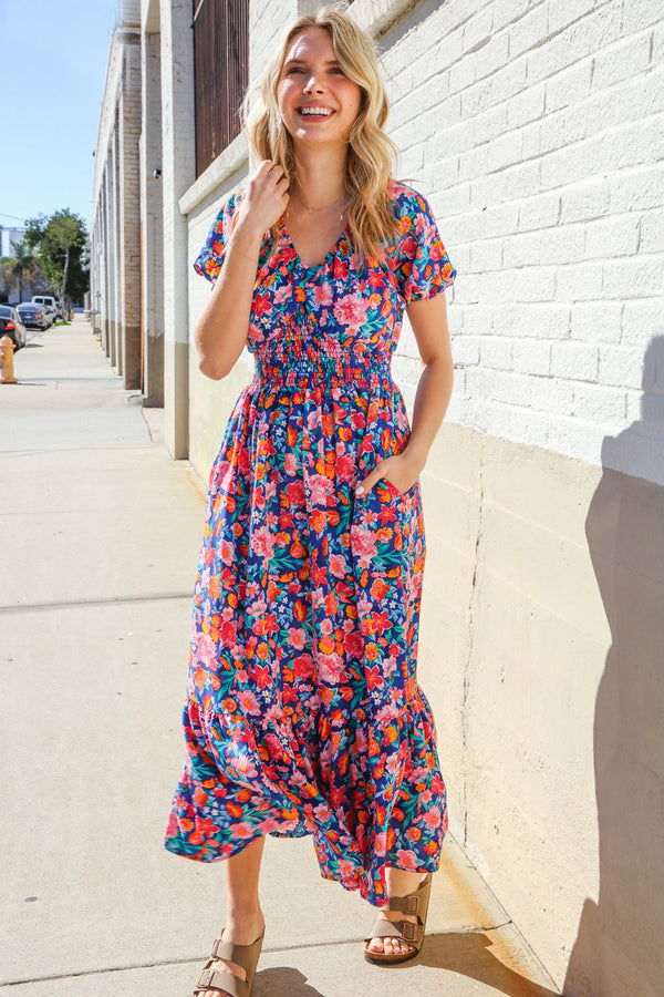 Find Love Blue Floral Raglan Puff Sleeves V Neck Smocked Waist Maxi - Coeur de la Mode