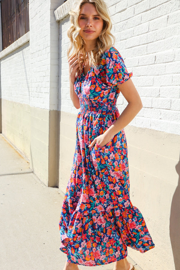 Find Love Blue Floral Raglan Puff Sleeves V Neck Smocked Waist Maxi - Coeur de la Mode